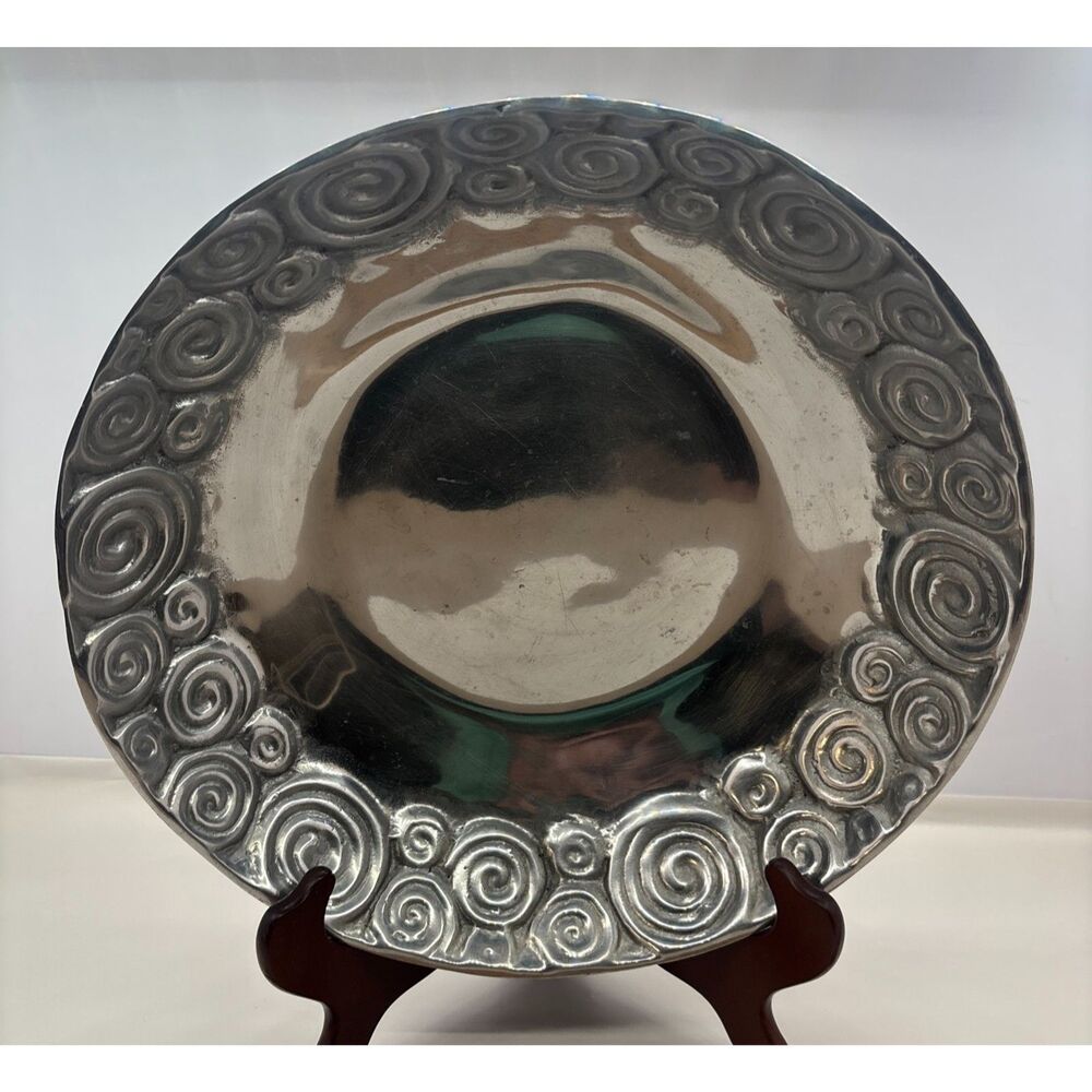 Vintage Cast Aluminum Round Serving Bowl Raised Spiral Design 12.75"
